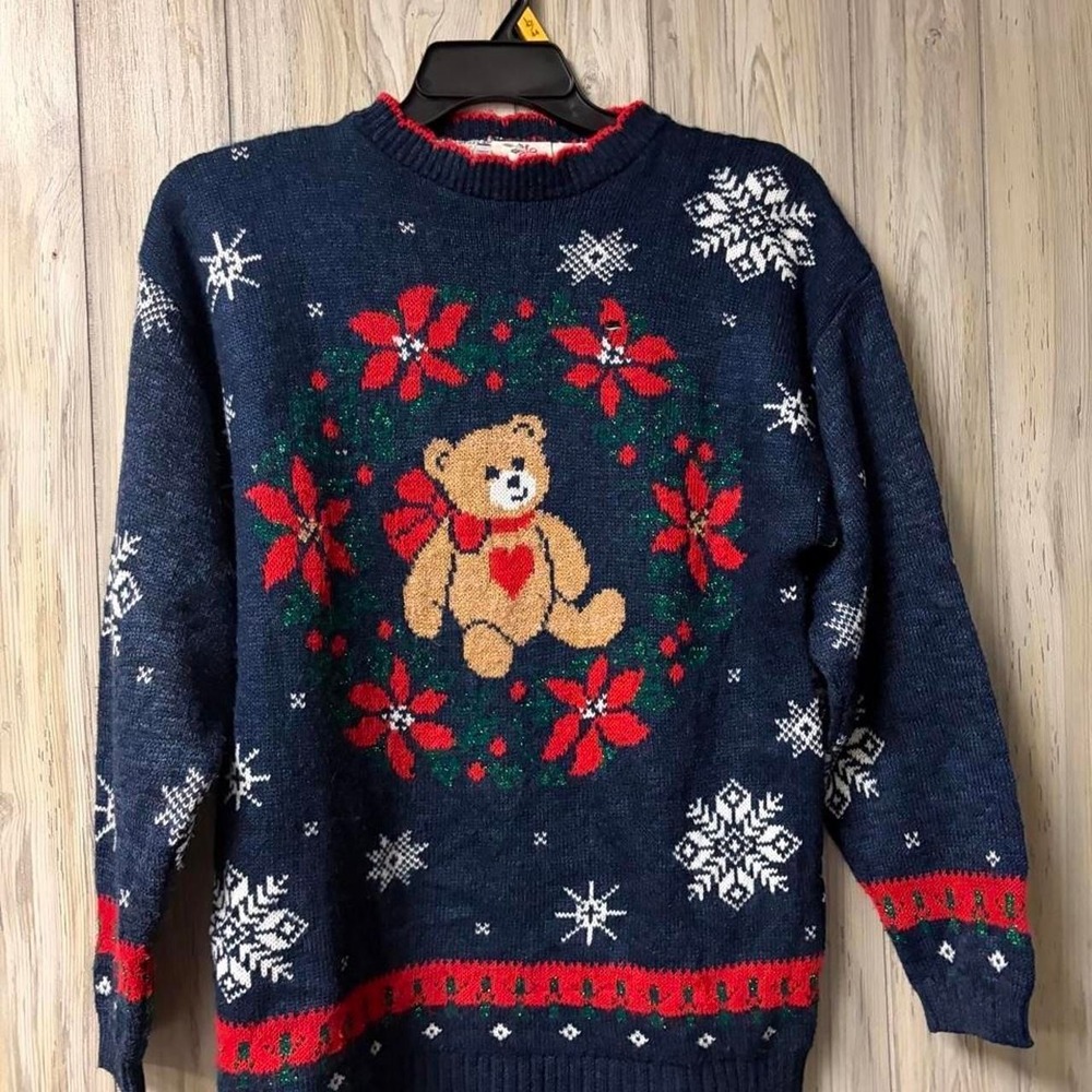 Vintage Nutcracker Christmas Sweater Navy Teddy Bear Poinsettia Snowflake Small